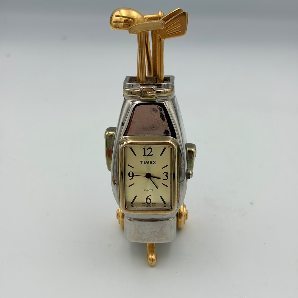 Timex Miniature Golf Bag Desk Clock Silver Gold Tone Quartz Novelty Sport Decor
